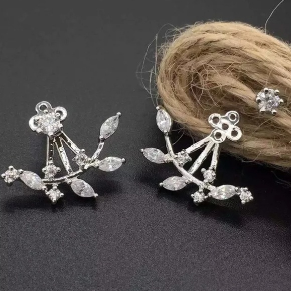 Crystal Flower Front Back Stud Earrings Silver - Picture 2 of 3